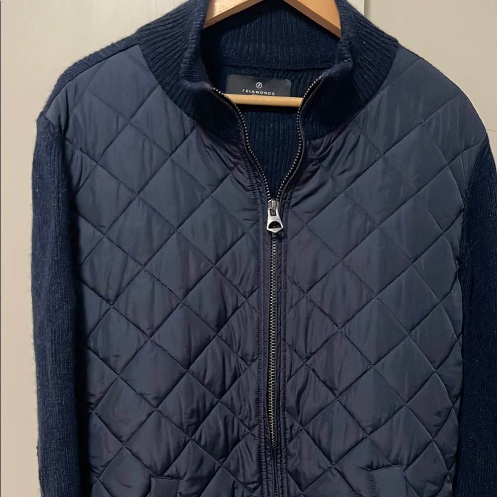 7 Diamonds Navy Blue Quilted Zip Up Sweater
